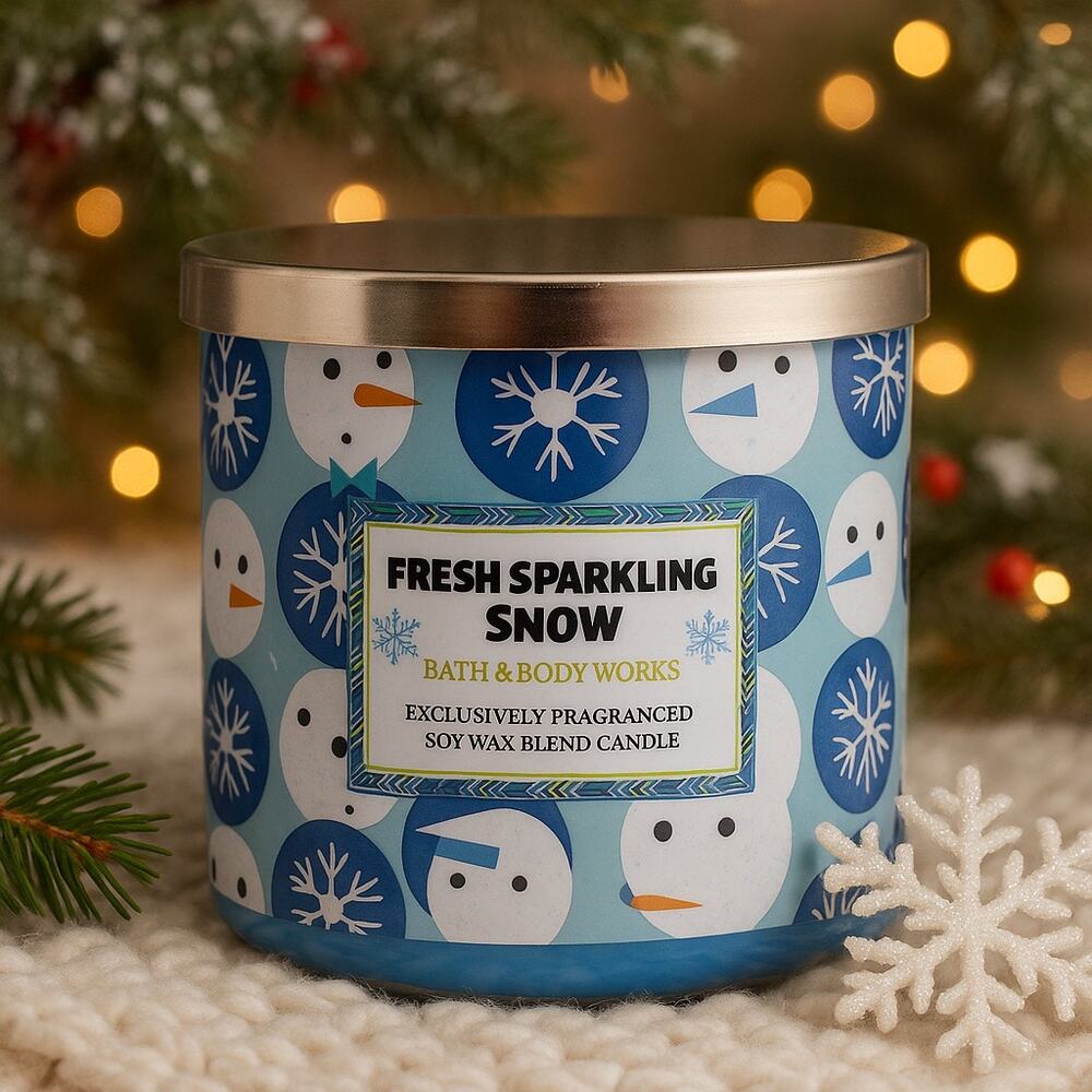 Bath & Body Works Fresh Sparkling Snow 3-Wick Candle Holiday Blue